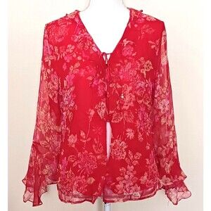 New York City Design Co 100% Silk Top Red Floral Ruffle Neck /Sleeve Lined Sz M